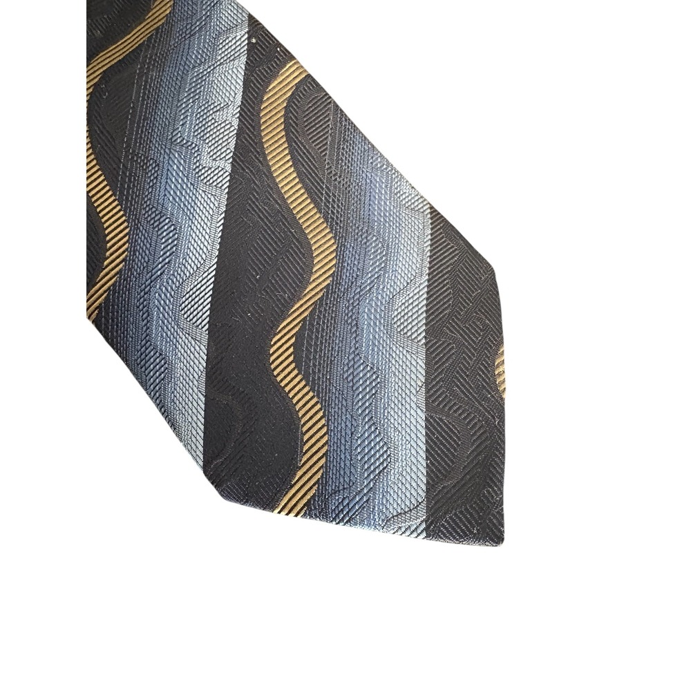 ERTU Silk Tie Made In Japan Blue Gold Geometric Stripe Mens Neck Tie 60 x 3.5